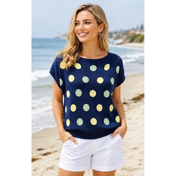 Talbots Sweaters - Talbots Petite 2XP Lemon Beaded Sweater Navy Blue Lightweight Top Preppy Coastal